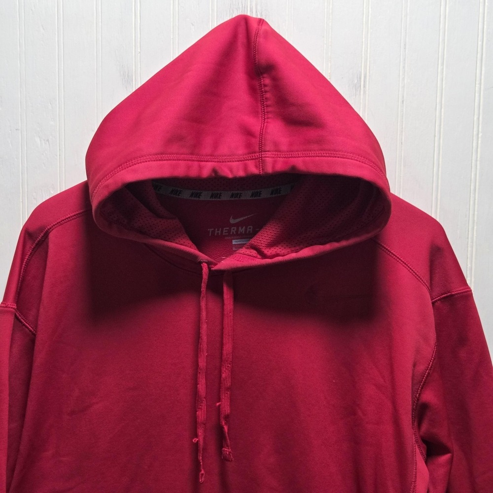 Nike Hoodie Mens XL Red Therma-Fit Fleece Pullover Swoosh Kangaroo Pocket Top